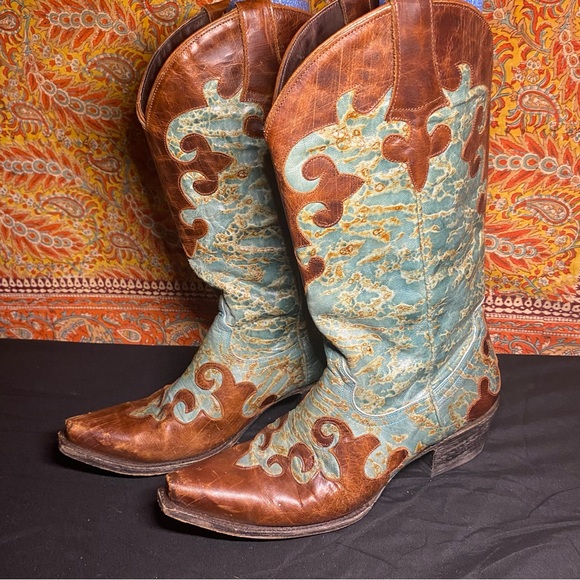 Lane Shoes - Lane Boots Brown and Thrquoise Leather Cowboy Boots